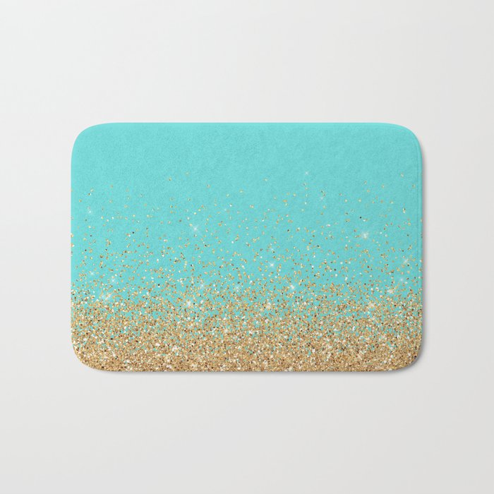 Sparkling gold glitter confetti on aqua teal damask background Bath Mat