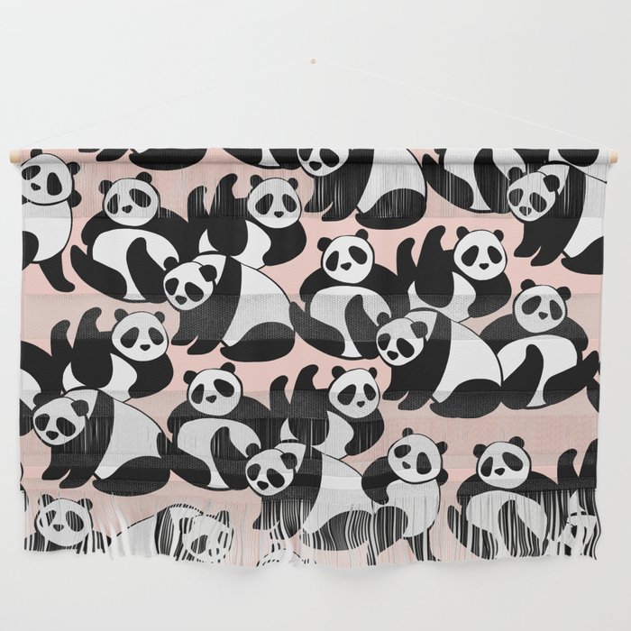 Black and White Panda Playground pattern on Pink Wall Hanging