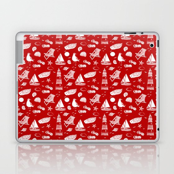 Red And White Summer Beach Elements Pattern Laptop & iPad Skin