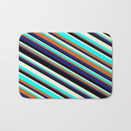 [ Thumbnail: Eye-catching Beige, Aqua, Chocolate, Midnight Blue, and Black Colored Lined Pattern Bath Mat ]