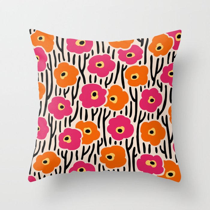 Floral  Pattern Hot Pink and Orange Throw Pillow