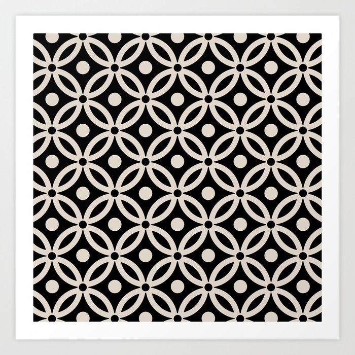 Classic Intertwined Ring and Dot Pattern 622 Black and Linen White Art Print