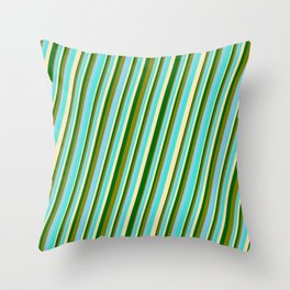 [ Thumbnail: Turquoise, Beige, Dark Green, Green & Sky Blue Colored Pattern of Stripes Throw Pillow ]
