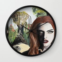 Mysterious lady in black in the garden Wall Clock