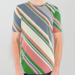 [ Thumbnail: Eye-catching Beige, Light Coral, Forest Green, Grey, and Slate Gray Colored Lined/Striped Pattern All Over Graphic Tee ]