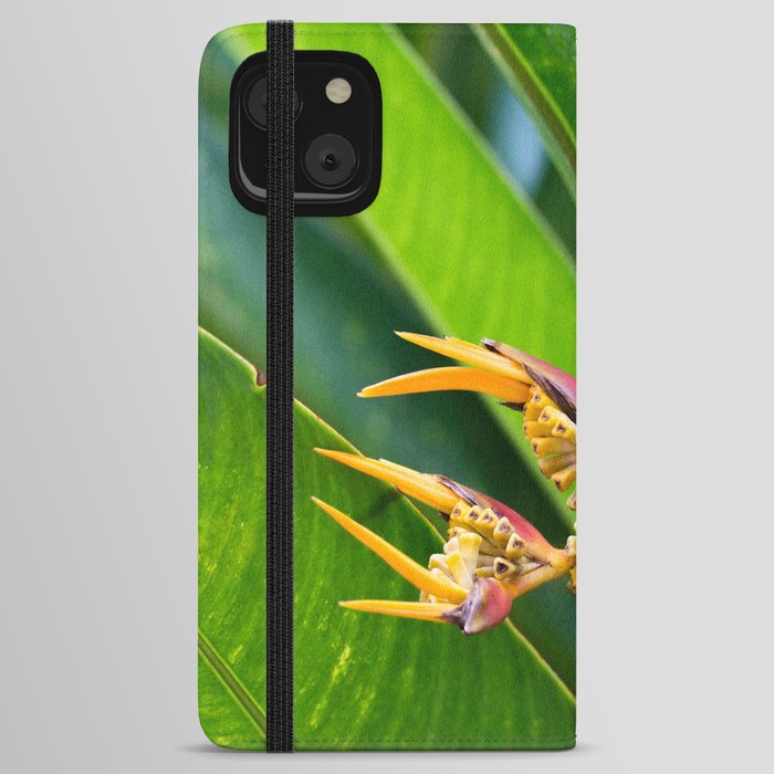 Beautiful Helicon Flower Blooming With Palms Leaves iPhone Wallet Case