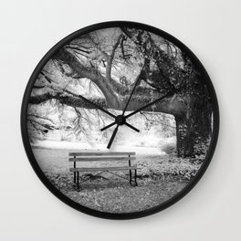 Black And White Bank Park Bench Tree Meadow Quiet Peace Wall Clock