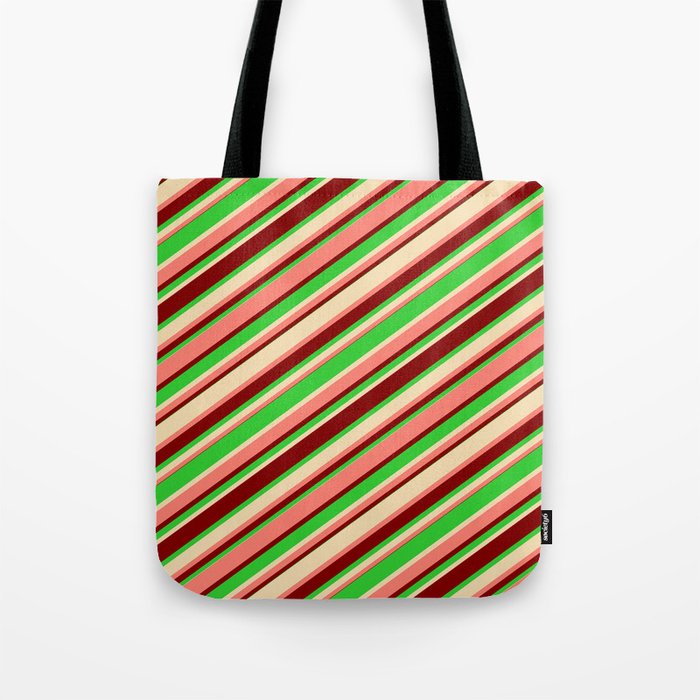 Salmon, Maroon, Lime Green & Tan Colored Lines Pattern Tote Bag