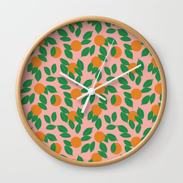 Oranges And Leaves -Pink Wall Clock
