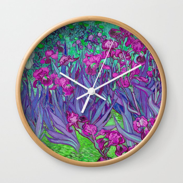 Vincent Van Gogh Irises Painting Violet Fuchsia Palette Wall Clock