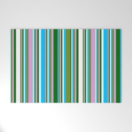 [ Thumbnail: Green, Plum, Dark Green, White & Deep Sky Blue Colored Stripes Pattern Welcome Mat ]