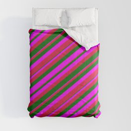 [ Thumbnail: Crimson, Dark Green & Fuchsia Colored Striped Pattern Comforter ]