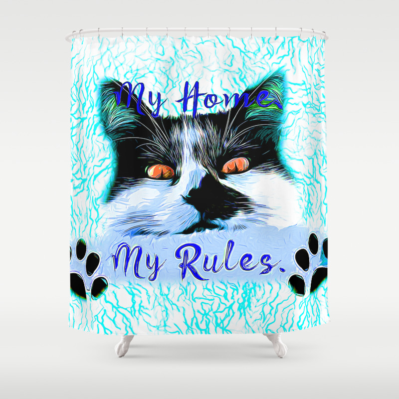 Cat My Home My Rules Vector Art Blue Shower Curtain By Gxp Design