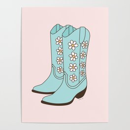 Western Vintage Floral Cowboy Boots with Daisies in Blush and Mint Blue Poster