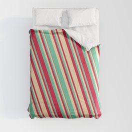 [ Thumbnail: Aquamarine, Crimson, and Beige Colored Striped/Lined Pattern Comforter ]