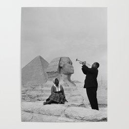 Black and White Photo of Louis Armstrong at the Egyptian Sphinx Poster