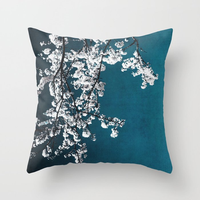 White Blossoms Tree Print - Flowers in Teal - Elegant Floral -  Japanese Nature photography Throw Pillow