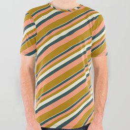 [ Thumbnail: Beige, Dark Slate Gray, Light Salmon, and Dark Goldenrod Colored Stripes Pattern All Over Graphic Tee ]