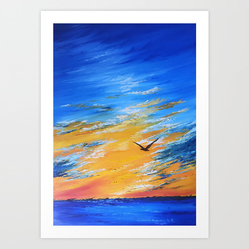 Ocean Sunset Original Oil Painting Landscape Blue Wall Art
