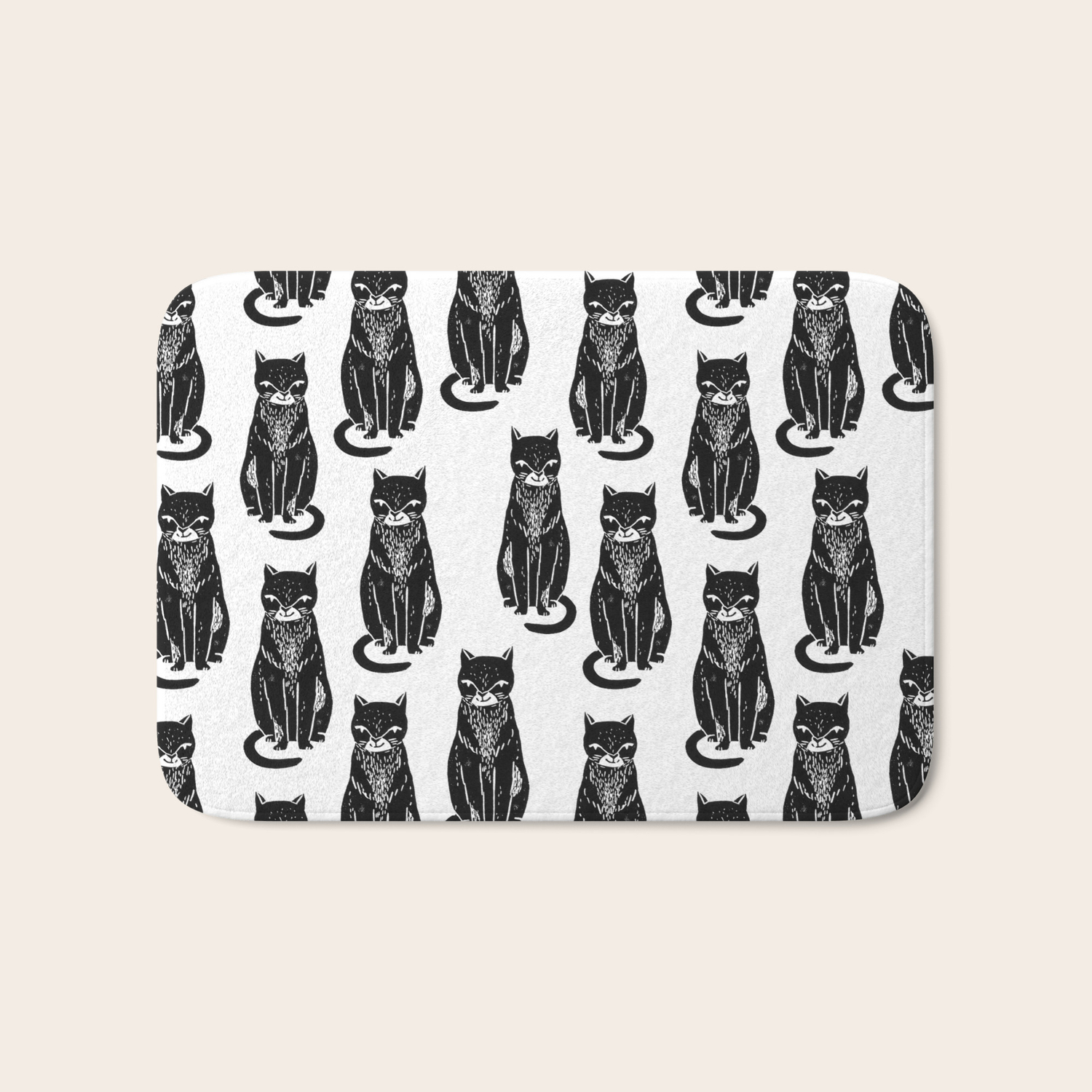 Linocut Cat Black And White Cute Pet Pattern Cats Kittens Bath Mat By Monoo Society6