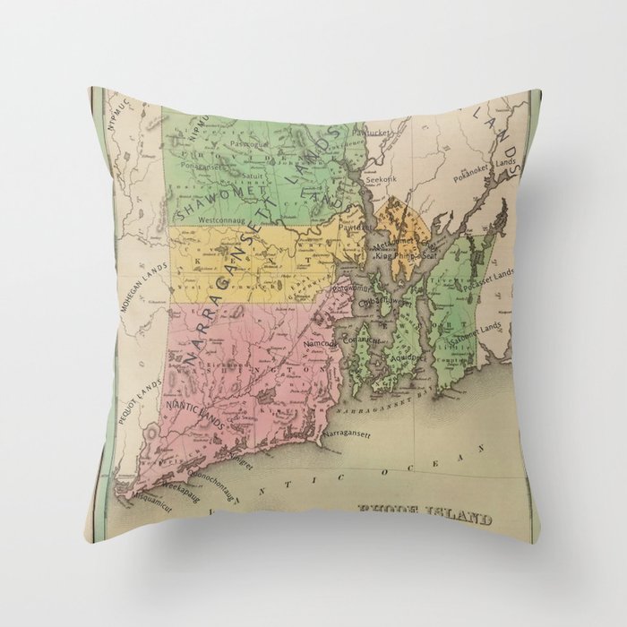 Native American Tribes and Territories of Pre-Colonial Rhode Island and Southern New England Vintage Throw Pillow