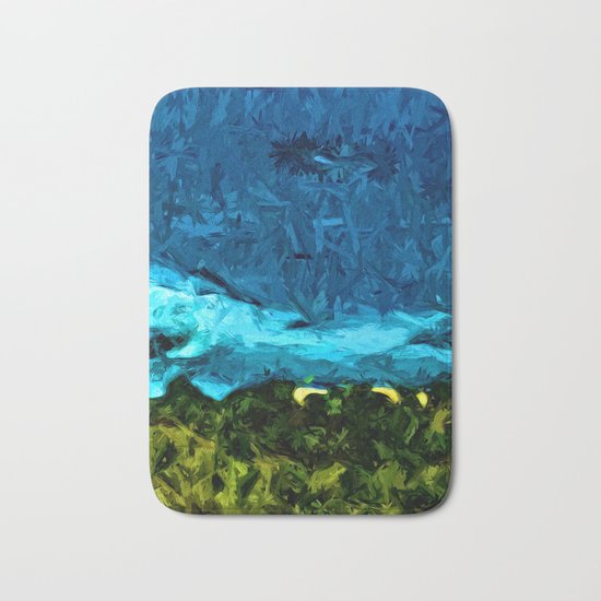 Blue Sea with Turquoise Waves and Green Grass Bath Mat