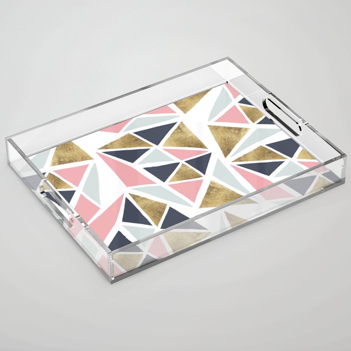 Modern Geometrical Pink Navy Blue Gold Triangles Pattern Acrylic Tray By Girlytrend
