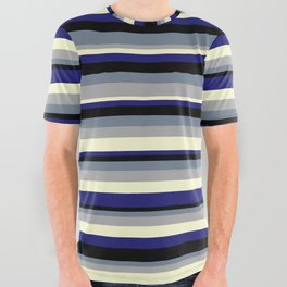 [ Thumbnail: Colorful Slate Gray, Dark Gray, Light Yellow, Midnight Blue, and Black Colored Lined/Striped Pattern All Over Graphic Tee ]