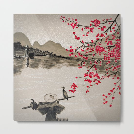 Japan Crane Fishing Metal Print