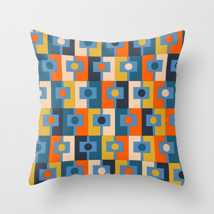 Rektangel Retro Contemporary Geometric Pattern Blue Orange Mustard Throw Pillow