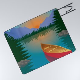 Canoe in a Mountain Lake Pine Tree Forest Picnic Blanket