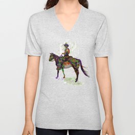 Cowboy on Horseback Watercolor Silhouette V Neck T Shirt