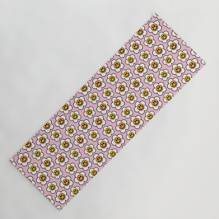 Bold And Funky Flower Smileys Pattern (Pink BG) Yoga Mat
