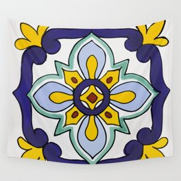 Light blue retro geometric flower decorative boho mosaic mexican folk art Wall Tapestry