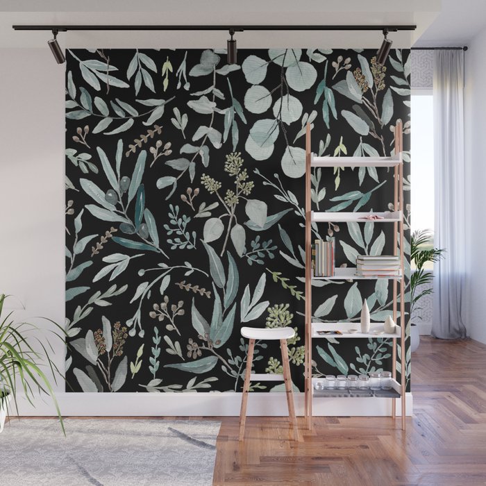 Black Eucalyptus Leaves Pattern Wall Mural