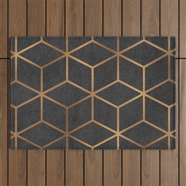 Charcoal and Gold - Geometric Textured Cube Design I Outdoor Rug