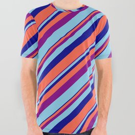 [ Thumbnail: Purple, Sky Blue, Dark Blue, and Red Colored Lines/Stripes Pattern All Over Graphic Tee ]