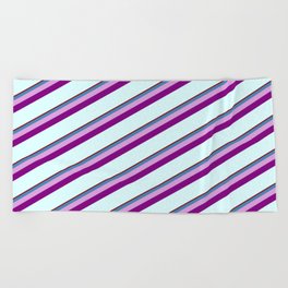 [ Thumbnail: Dark Red, Blue, Plum, Purple & Light Cyan Colored Stripes/Lines Pattern Beach Towel ]