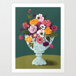 Saturated Springtime Flower Bouquet in Vintage Milk Glass Vase | Bold Colorful Floral Art Print