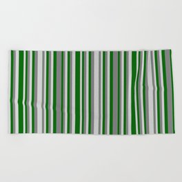 [ Thumbnail: Grey, Light Grey & Dark Green Colored Striped Pattern Beach Towel ]