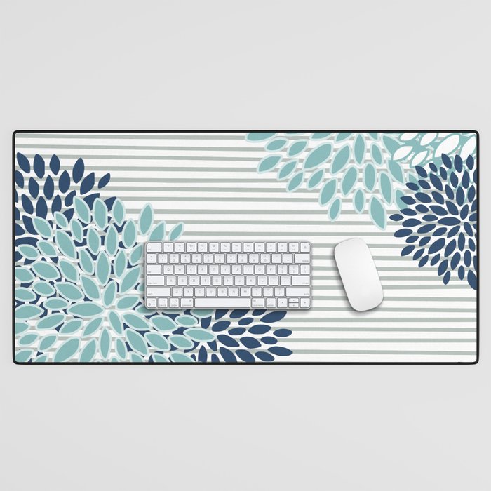 Festive, Floral Prints and Stripes, Teal and Blue Desk Mat