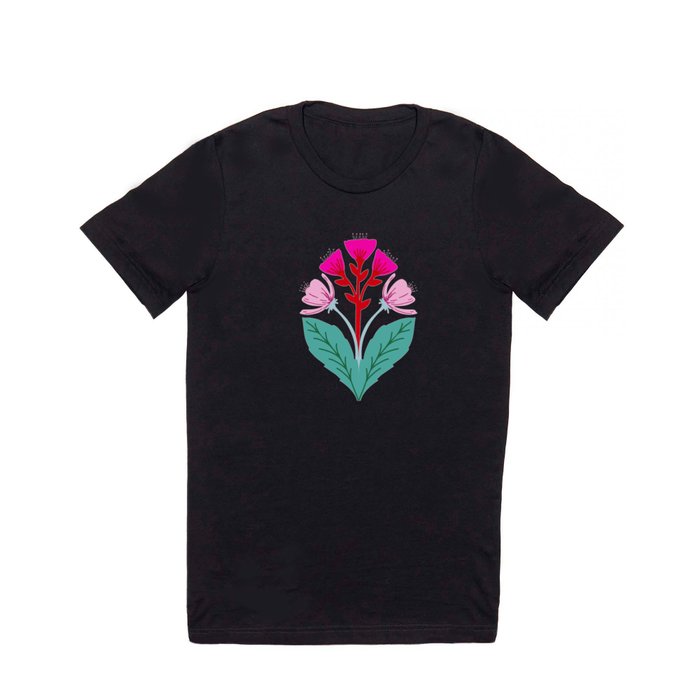 Hand drawn folk art floral pattern in pink and red T Shirt