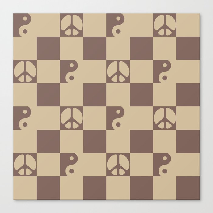 Checkered Peace Symbol & Yin Yang Pattern \\ Cocoa Mocha Color Palette Canvas Print