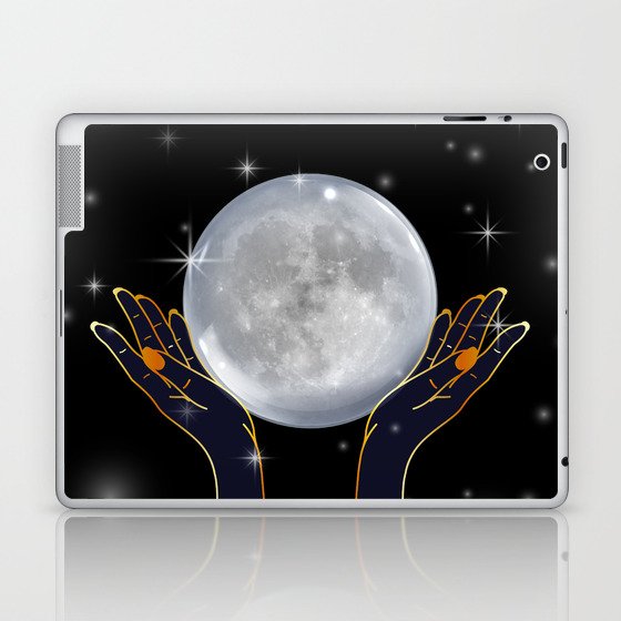 Womans hands holding the moon on a starry night Laptop & iPad Skin