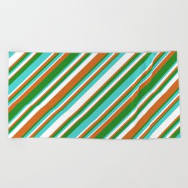 [ Thumbnail: Chocolate, Forest Green, Turquoise, and White Colored Stripes/Lines Pattern Beach Towel ]