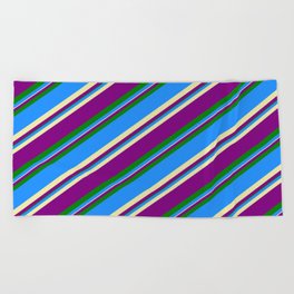 [ Thumbnail: Blue, Pale Goldenrod, Purple & Green Colored Lined/Striped Pattern Beach Towel ]