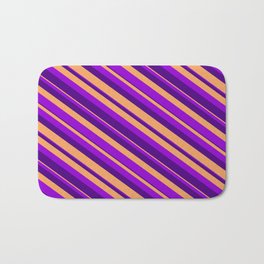 [ Thumbnail: Dark Violet, Indigo & Brown Colored Striped Pattern Bath Mat ]