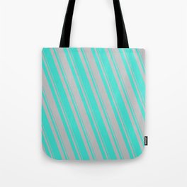 [ Thumbnail: Turquoise and Grey Colored Stripes/Lines Pattern Tote Bag ]