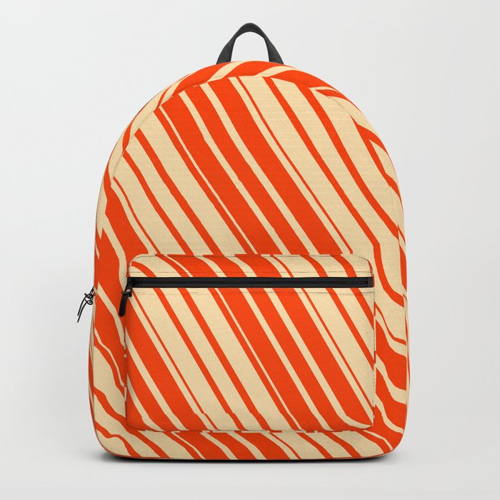 Beige and Red Colored Striped Pattern Backpack