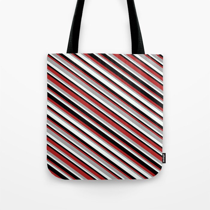 Red, Dark Grey, Mint Cream, and Black Colored Pattern of Stripes Tote Bag